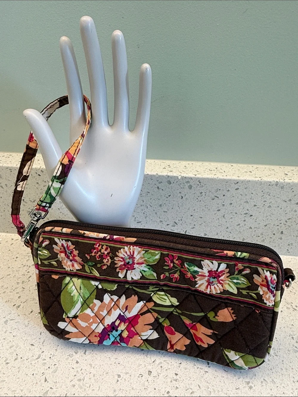 Vera Bradley Brown Floral Quilted Wristlet Convertible Clutch - English Rose